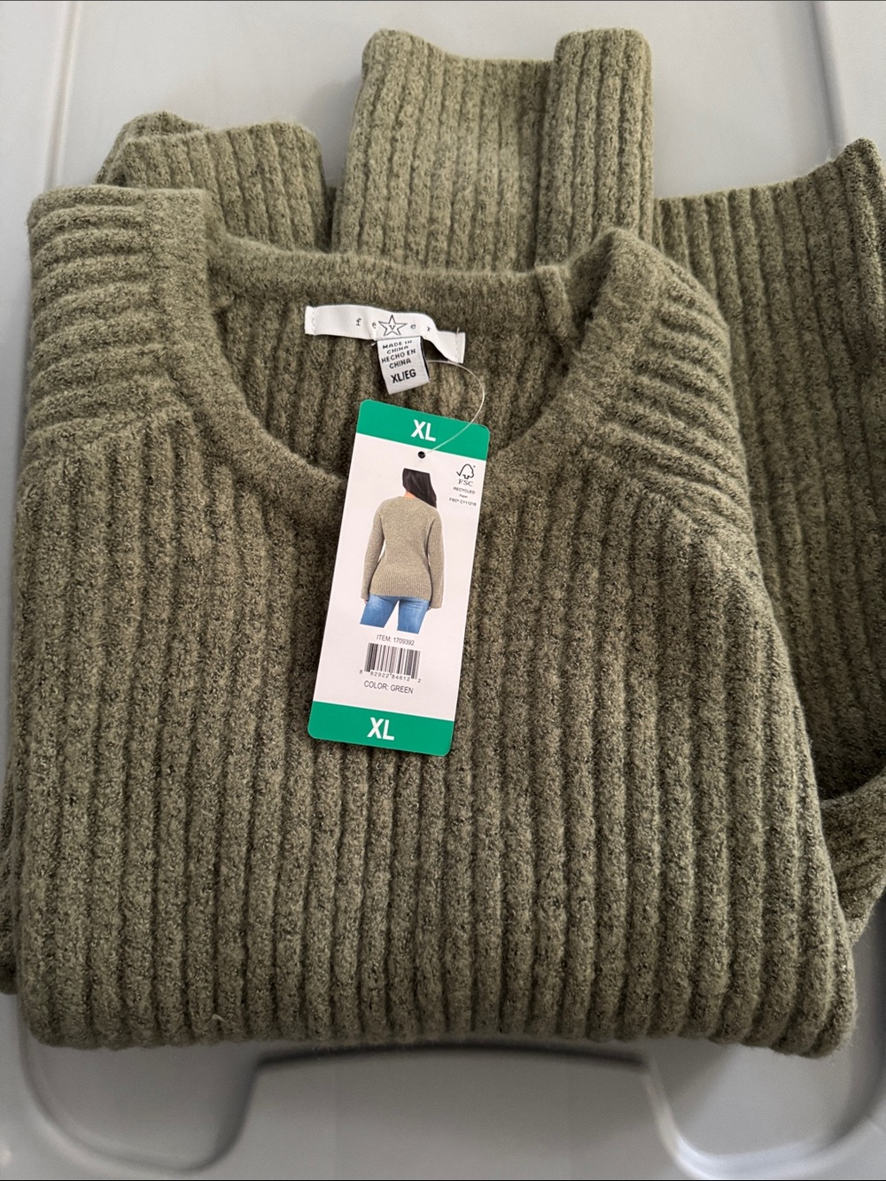 Fever Olive Green Ribbed Crew Neck Sweater